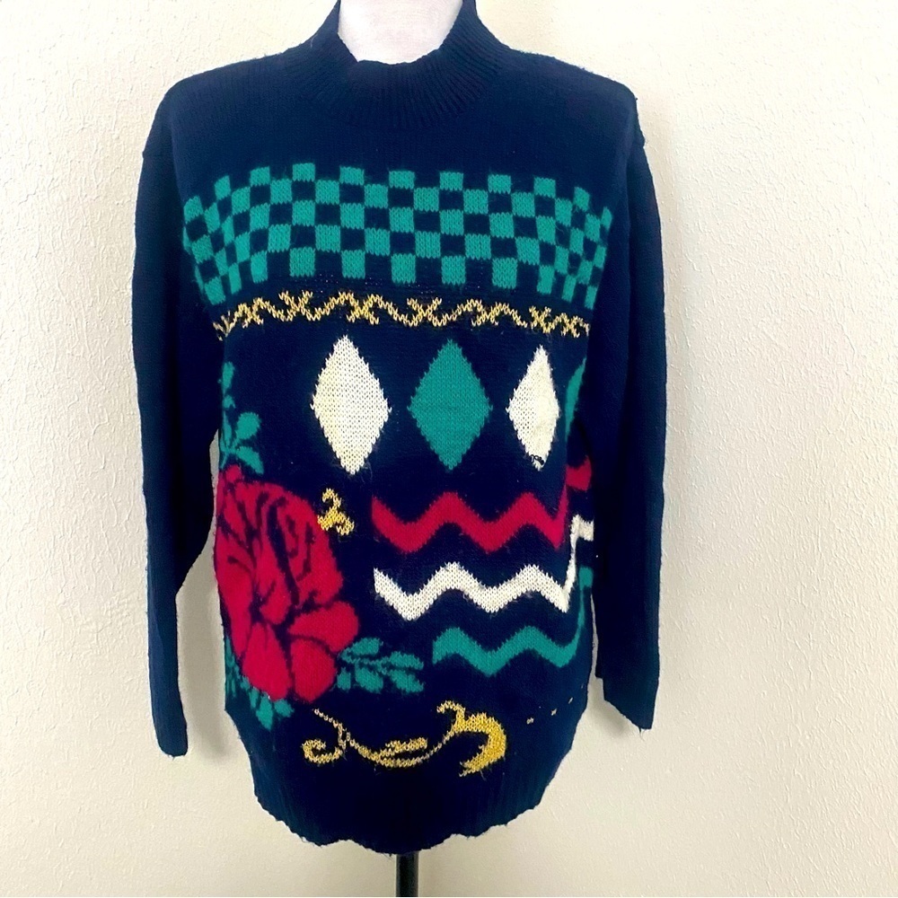 Cricket Lane Vintage Women’s Navy Blue Colorful Floral Pullover Sweater USA Lrg